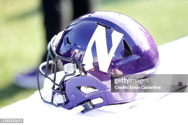 Northwestern Wildcats helmet on the sidelines during the game against the Massachusetts Minutemen at Ryan Field on November 16, 2019 in Evanston,...