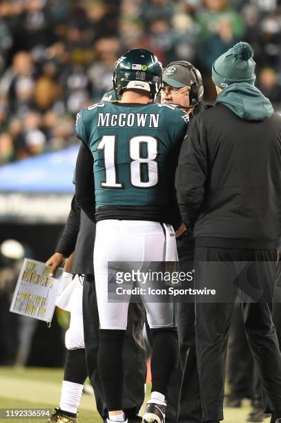 Philadelphia Eagles quarterback Josh McCown talks with Philadelphia Eagles head coach Doug Pederson during the Playoff game between the Seattle...