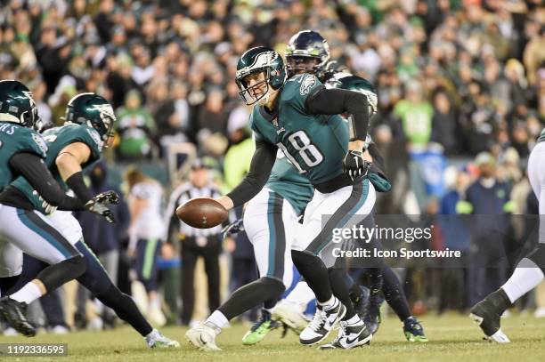 Philadelphia Eagles quarterback Josh McCown hands off during the Playoff game between the Seattle Seahawks and the Philadelphia Eagles on January 5...