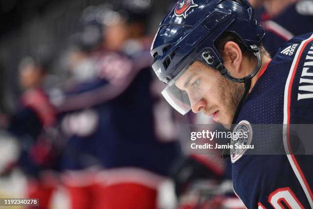 Alexander Wennberg of the Columbus Blue Jackets warms up before a game against the New York Rangers on December 5, 2019 at Nationwide Arena in...