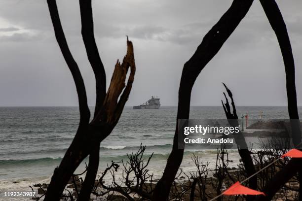 Choules sits off the coast Mallacoota, Victoria, Australia on January 06, 2020. The Australian Defence Force has commenced Operation Bushfire Assist...