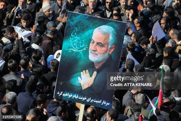 Iranian mourners gather during the final stage of funeral processions for slain top general Qasem Soleimani, in his hometown Kerman on January 7,...