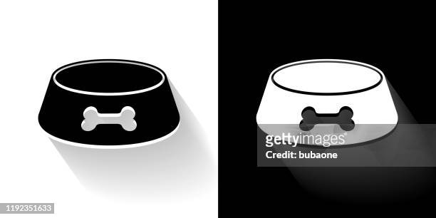 dog bowl  black and white icon with long shadow - dog bowl stock illustrations