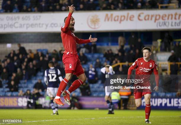 Lewis Grabban of Nottingham Forest celebrates after scoring his sides second goal during the Sky Bet Championship match between Millwall and...