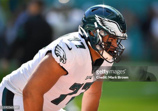 Andre Dillard of the Philadelphia Eagles warms up prior to the game against the Miami Dolphins at Hard Rock Stadium on December 01, 2019 in Miami,...