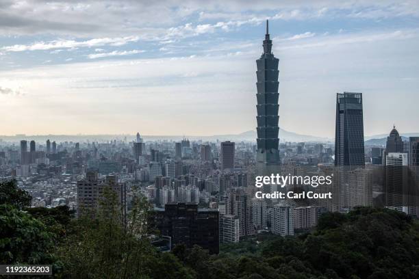 The Taipei 101 tower, once the worlds tallest building, and the Taipei skyline, are pictured from the top of Elephant Mountain on January 7, 2020 in...