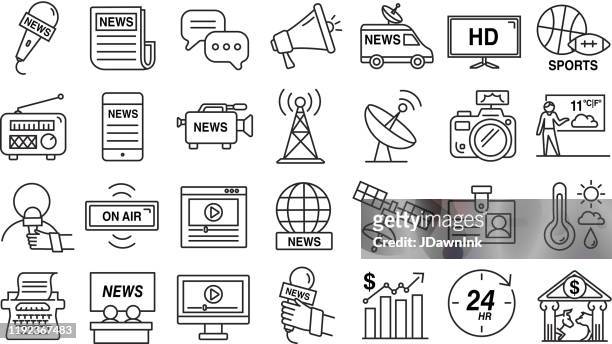 satz von news- und mediensymbolen im dünnlinienstil - interview icon stock-grafiken, -clipart, -cartoons und -symbole