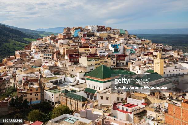 elevated view of the tomb of idriss i in the holy city of moulay idriss - moulay idriss stockfoto's en -beelden