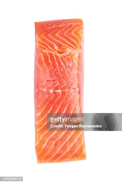 fresh raw salmon fillet isolated on white background - filete de salmón fotografías e imágenes de stock