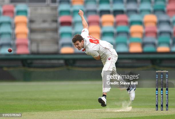 Nick Winter of the Redbacks bowls during day one of the Sheffield Shield match between Tasmania and South Australia at Blundstone Arenaon December...