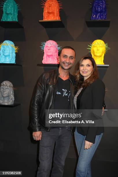 Artist Howtan Re and Maria Pia Calzone attend the Howtan Re Preview Party at Howtan Space on December 06, 2019 in Rome, Italy.