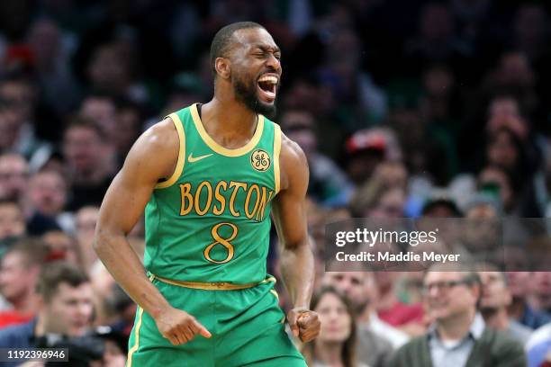 Kemba Walker of the Boston Celtics reacts during the second half of the game against the Denver Nuggets at TD Garden on December 06, 2019 in Boston,...