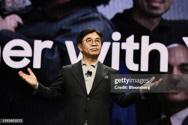 Hyun-Suk Kim, president and chief executive officer of Samsung Electronics Co., speaks during a keynote at CES 2020 in Las Vegas, Nevada, U.S., on...