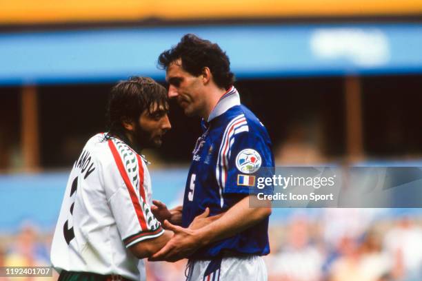 Trifon Ivanov of Bulgaria and Laurent Blanc of France during the European Championship match between France and Bulgaria at St James Park, Newcastle,...
