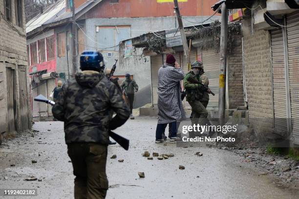 Indian Forces beat kashmiri mourners after a teen died in Nowgam area of Srinagar, Indian Administered Kashmir on 07 January 2019. People clashed...