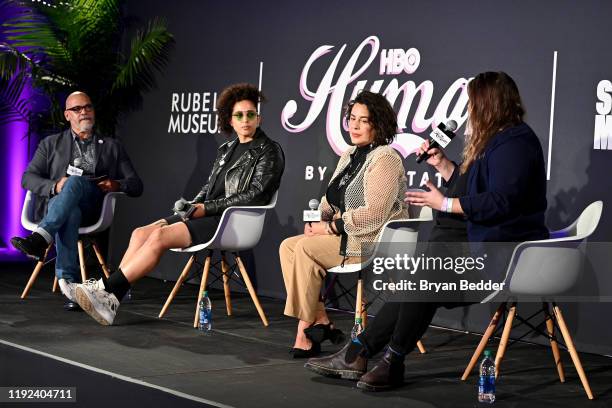 Tony Hernandez, Shantell Martin, Muriel Parra and Sarah Graalman speak onstage during HBO's Human By Orientation panel at Art Basel Miami at Rubell...