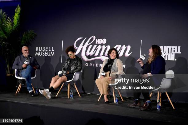 Tony Hernandez, Shantell Martin, Muriel Parra and Sarah Graalman speak onstage during HBO's Human By Orientation panel at Art Basel Miami at Rubell...