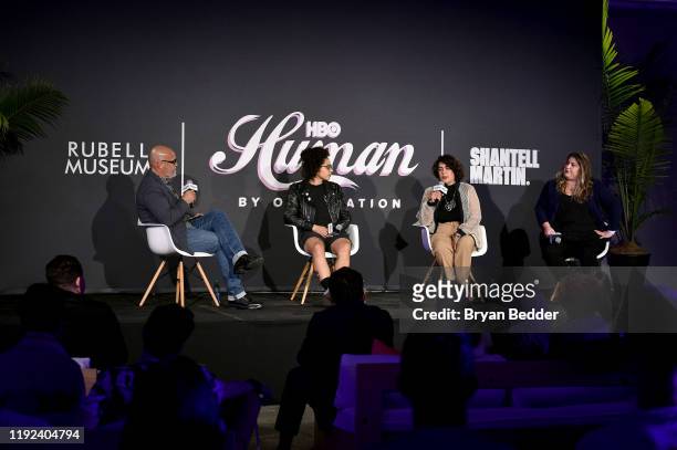 Tony Hernandez, Shantell Martin, Muriel Parra and Sarah Graalman speak onstage during HBO's Human By Orientation panel at Art Basel Miami at Rubell...