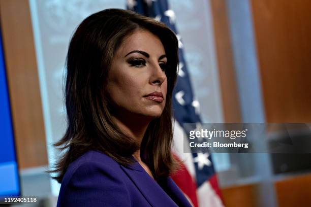 Morgan Ortagus, U.S. State Department spokesperson, listens during a news conference in the State Department press briefing room in Washington, D.C.,...