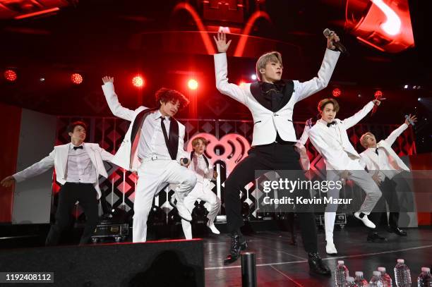 Jin, V, Suga, Jimin, Jungkook, J-Hope, and RM of BTS perform onstage during 102.7 KIIS FM's Jingle Ball 2019 Presented by Capital One at the Forum on...