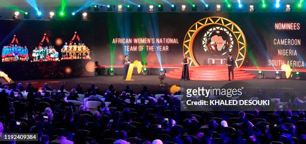 The nominees for the Womens National Team of the Year are displayed during the 2019 CAF Awards in the Egyptian resort town of Hurghada on January 7,...