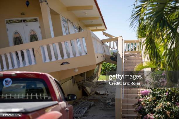 House is collapsed after a 6.4 earthquake hit just south of the island on January 7, 2020 in Guayanilla, Puerto Rico. This morning's earthquake was...