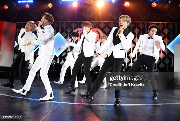 Hope, V, Jungkook, Suga, Jimin, and Jin of BTS perform onstage during 102.7 KIIS FM's Jingle Ball 2019 Presented by Capital One at the Forum on...