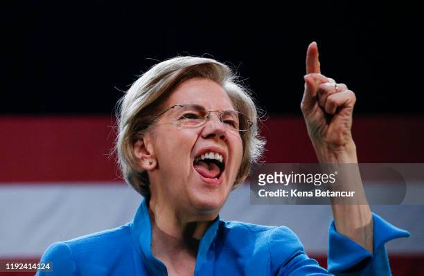 Senator Elizabeth Warren gestures as she attends a campaign event on January 7, 2020 in New York City. After dropping out of the presidential race,...