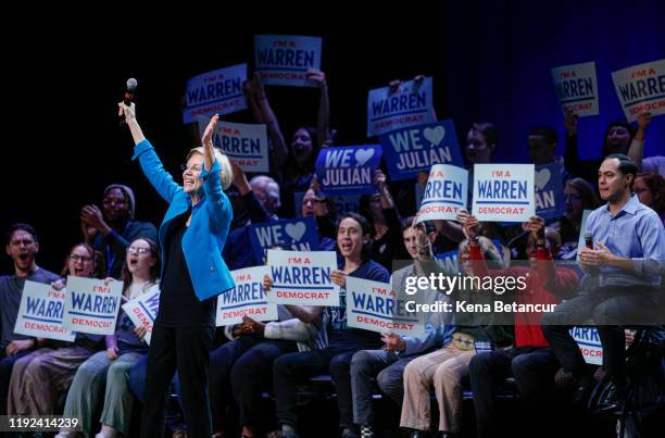 Julian Castro and Senator Elizabeth Warren attend a rally on January 7, 2020 in New York City. After dropping out of the presidential race, former...