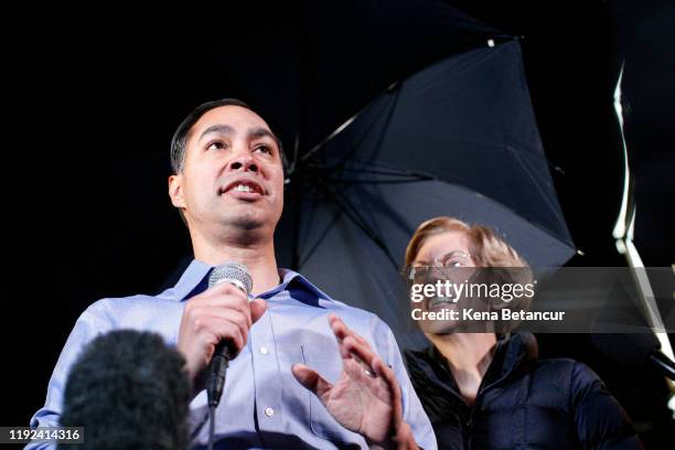 Julian Castro and Senator Elizabeth Warren attend a rally on January 7, 2020 in New York City. After dropping out of the presidential race, former...