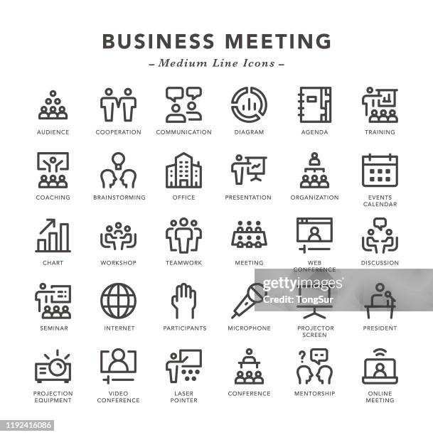 business meeting - medium line icons - pointer stick stock illustrations