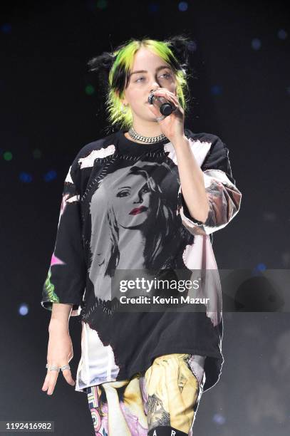 Billie Eilish performs onstage during 102.7 KIIS FM's Jingle Ball 2019 Presented by Capital One at the Forum on December 6, 2019 in Los Angeles,...