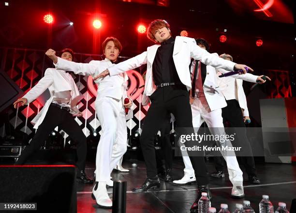 Jin, J-Hope, Jungkook, V, and RM of BTS perform onstage during 102.7 KIIS FM's Jingle Ball 2019 Presented by Capital One at the Forum on December 6,...