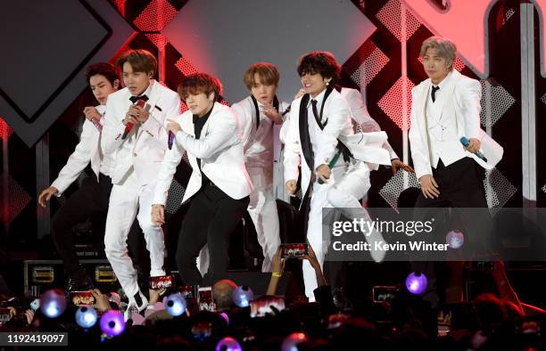 Jin, J-Hope, Jungkook, Suga, V, and RM of BTS perform onstage during 102.7 KIIS FM's Jingle Ball 2019 Presented by Capital One at the Forum on...