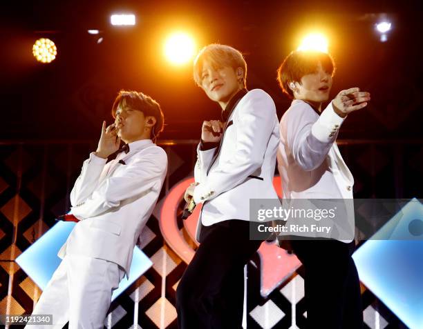 Hope, Jimin, and Jungkook of BTS perform onstage during 102.7 KIIS FM's Jingle Ball 2019 Presented by Capital One at the Forum on December 6, 2019 in...