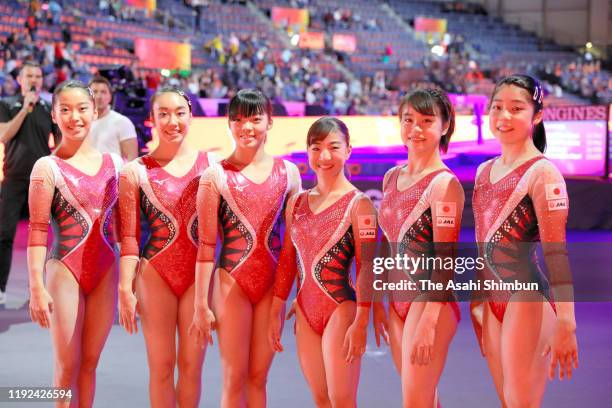 Hitomi Hatakeda, Nagi Kajita, Chiharu Yamada, Asuka Teramoto, Aiko Sugihara and Akari Muramatsu of Japan pose for photographs after the Women's Team...