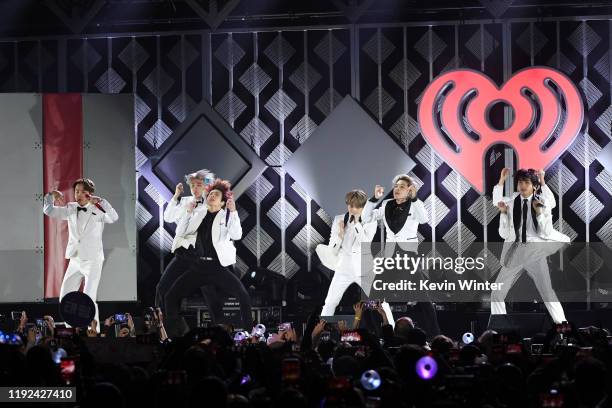 Hope, RM, Jungkook, Suga, Jimin, and V of BTS perform onstage during 102.7 KIIS FM's Jingle Ball 2019 Presented by Capital One at the Forum on...