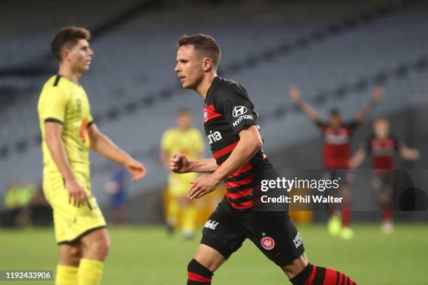 Nicolai Muller of the Western Sydney Wanderers celebrates his goal during the round nine A-League match between the Wellington Phoenix and the...