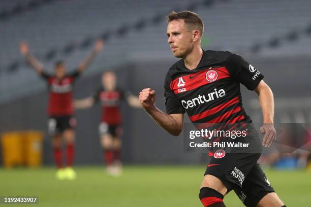 Nicolai Muller of the Western Sydney Wanderers celebrates his goal during the round nine A-League match between the Wellington Phoenix and the...