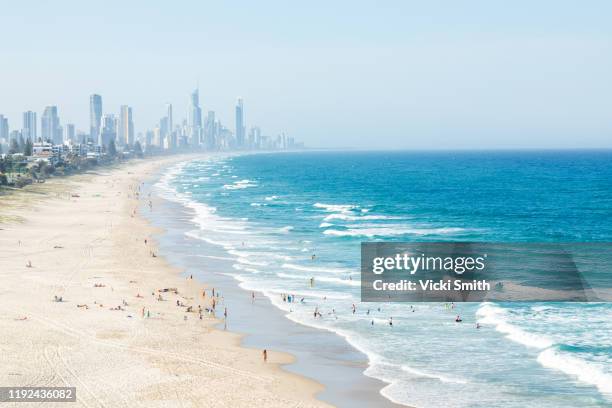 aerial shot above people swimming in the surf and on the beach with city views in the background - gold coast queensland 個照片及圖片檔