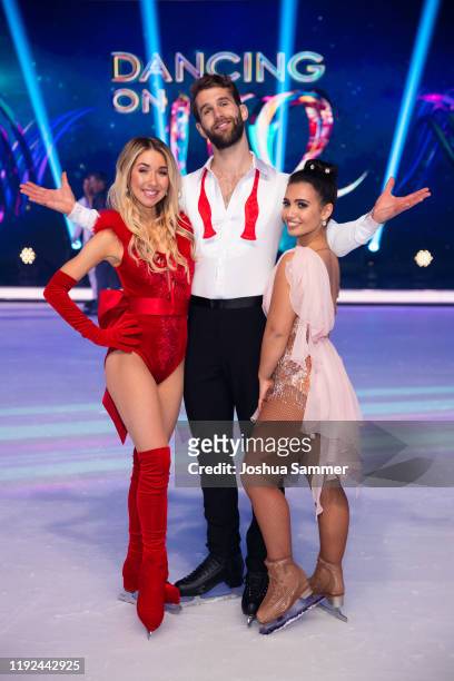 Stina Martini, Andre Hamann and Amani Fancy pose during the 5th show of the TV-Series "Dancing on Ice" on December 06, 2019 in Cologne, Germany.