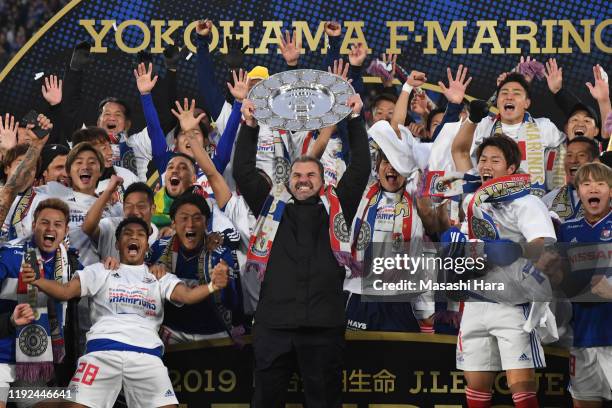 Coach,Ange Postecoglou of Yokohama F.Marinos lifts the J.League Champions Schale as they celebrate the J1 Season Champions after the J.League J1...