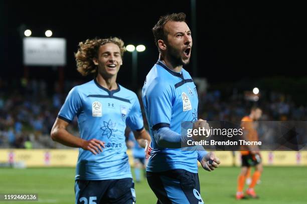 Adam Le Fondre of Sydney celebrates scoring a goal during the round nine A-League match between Sydney FC and the Brisbane Roar at Netstrata Jubilee...