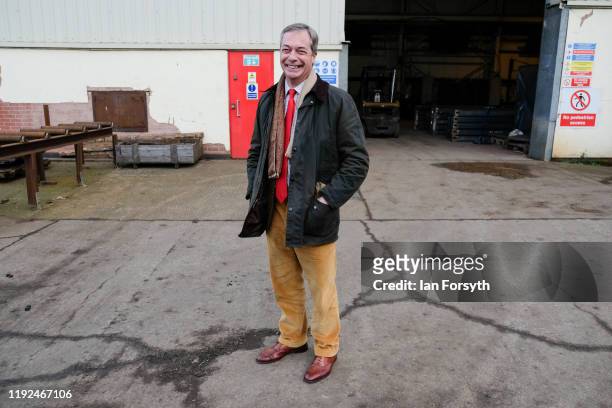Brexit Party leader Nigel Farage speaks to the media during a visit to the Tolley Fabrications factory as he campaigns in Sedgefield on December 07,...