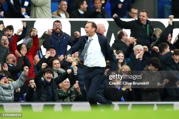 Interim Everton Manager, Duncan Ferguson celebrates his team's third goal during the Premier League match between Everton FC and Chelsea FC at...