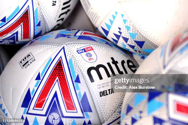Detailed view of Mitre training balls prior to the Sky Bet Championship match between Fulham and Bristol City at Craven Cottage on December 07, 2019...