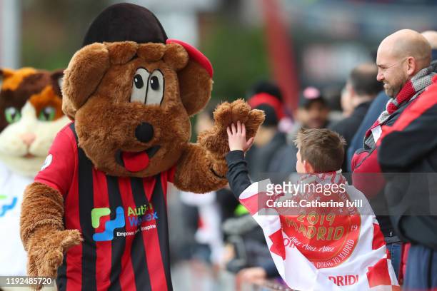Cherry Bear, the AFC Bournemouth mascot interacts with the fans prior to the Premier League match between AFC Bournemouth and Liverpool FC at...