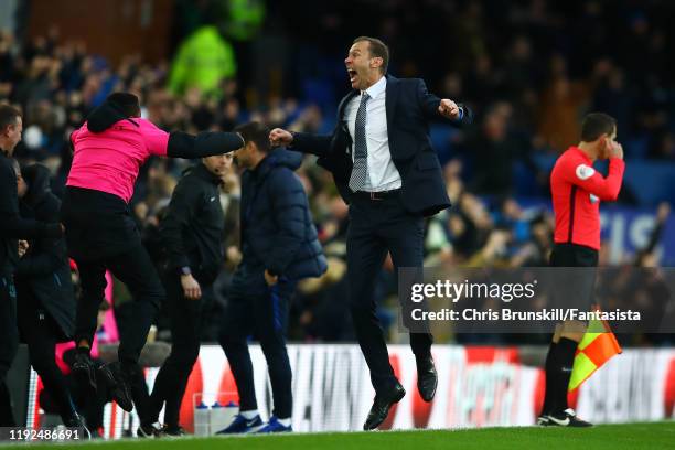 Everton manager Duncan Ferguson celebrates his side's third goal during the Premier League match between Everton FC and Chelsea FC at Goodison Park...