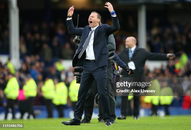 Interim Everton Manager, Duncan Ferguson celebrates victory following the Premier League match between Everton FC and Chelsea FC at Goodison Park on...
