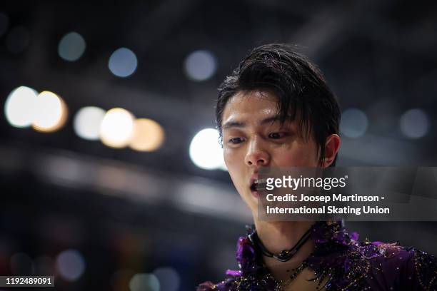 Yuzuru Hanyu of Japan reacts after the Men's Free Skating during the ISU Grand Prix of Figure Skating Final at Palavela Arena on December 07, 2019 in...